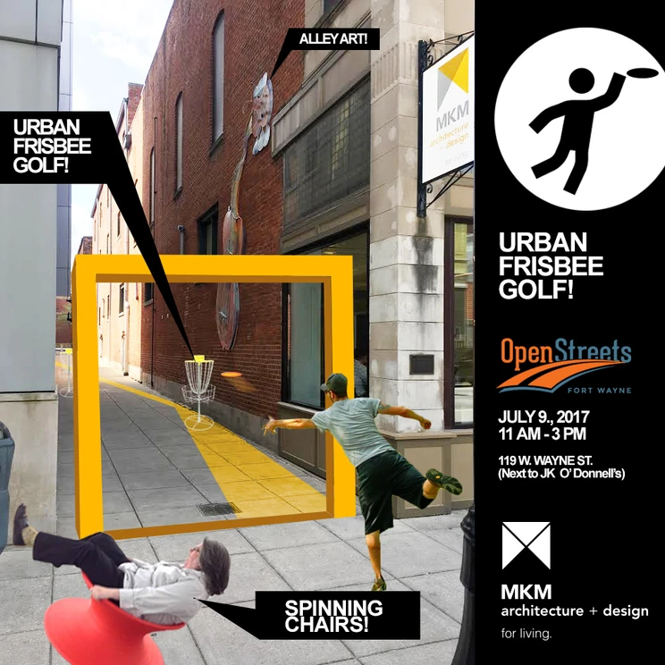 urban frisbee golf and spinning chairs at open streets