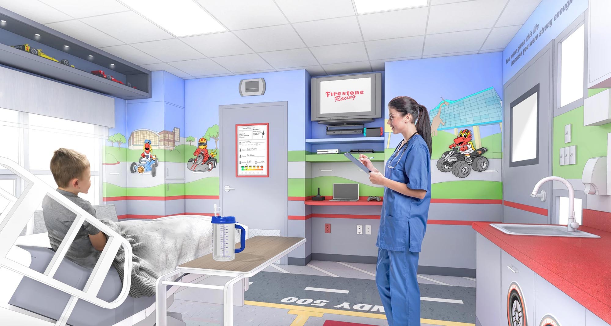 Peyton Manning Children's Hospital Indy 500 Room rendering concept with child and nurse