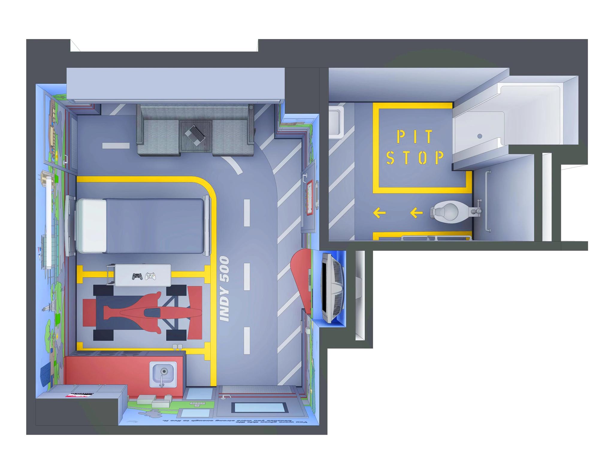 Peyton Manning Children's Hospital Indy 500 Theme Room overhead conceptual rendering 1