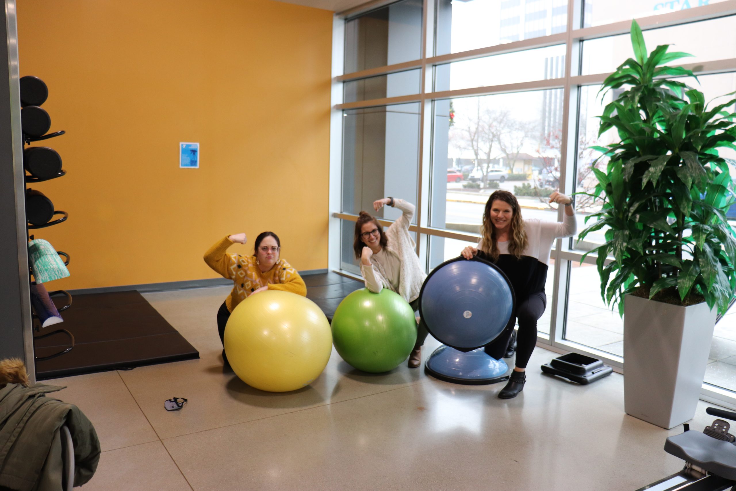 three women posing in a gym with balance balls