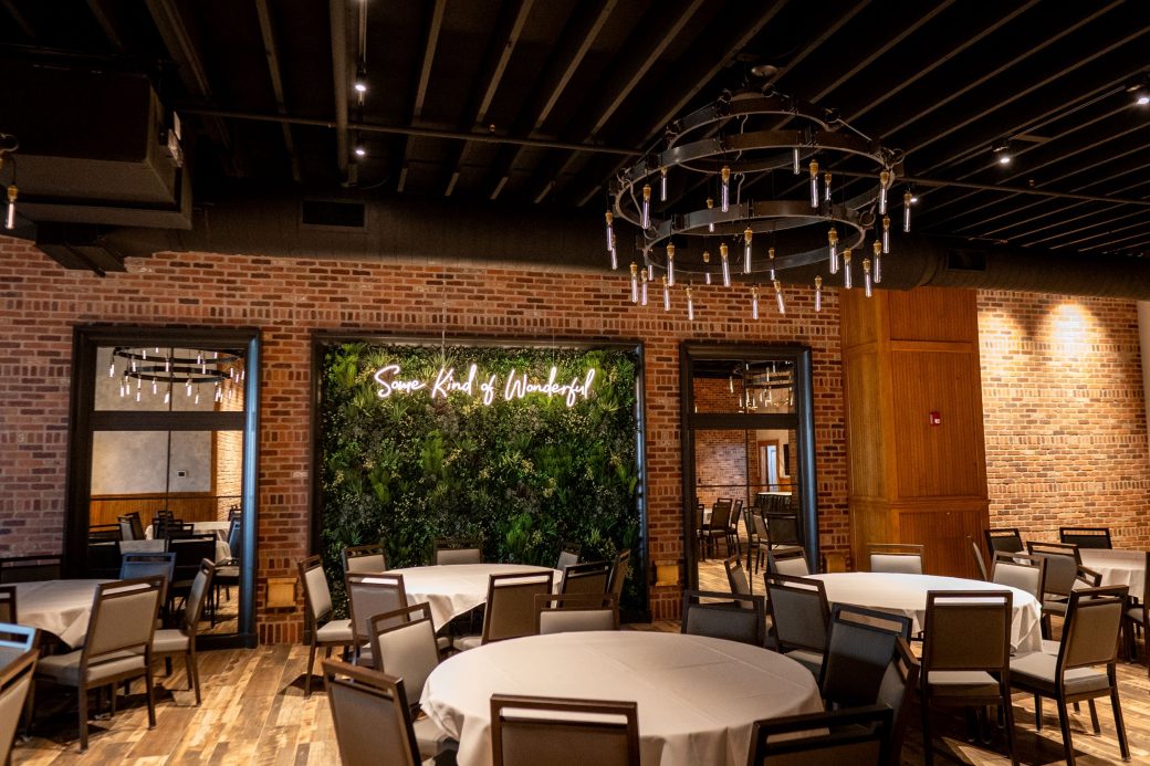 room with brick walls and modern decor