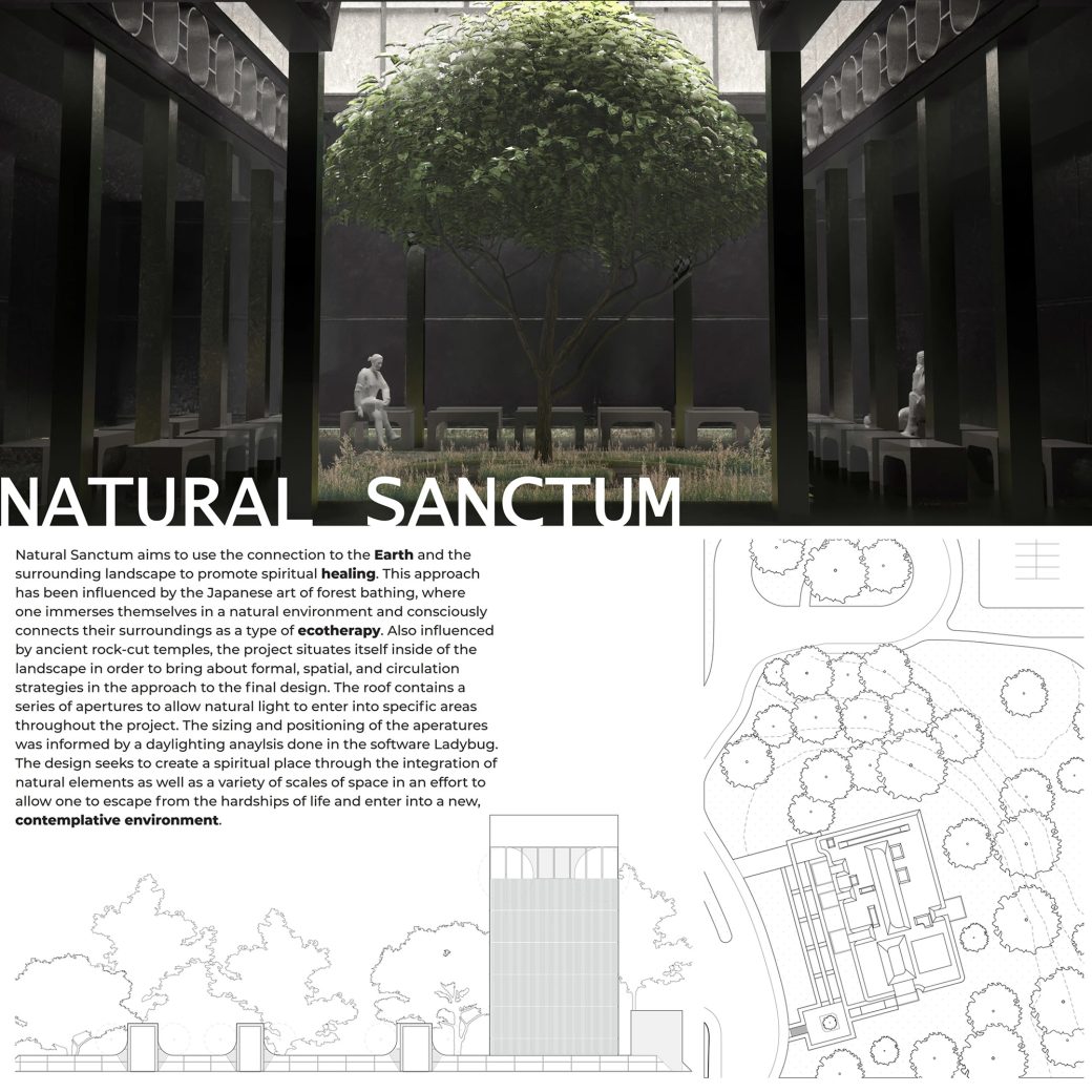 artistic concept of an indoor courtyard with a tree in the middle