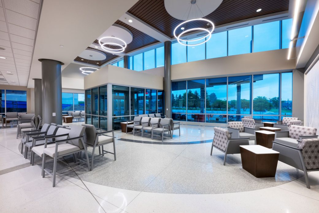 seating areas and circular pendant lights