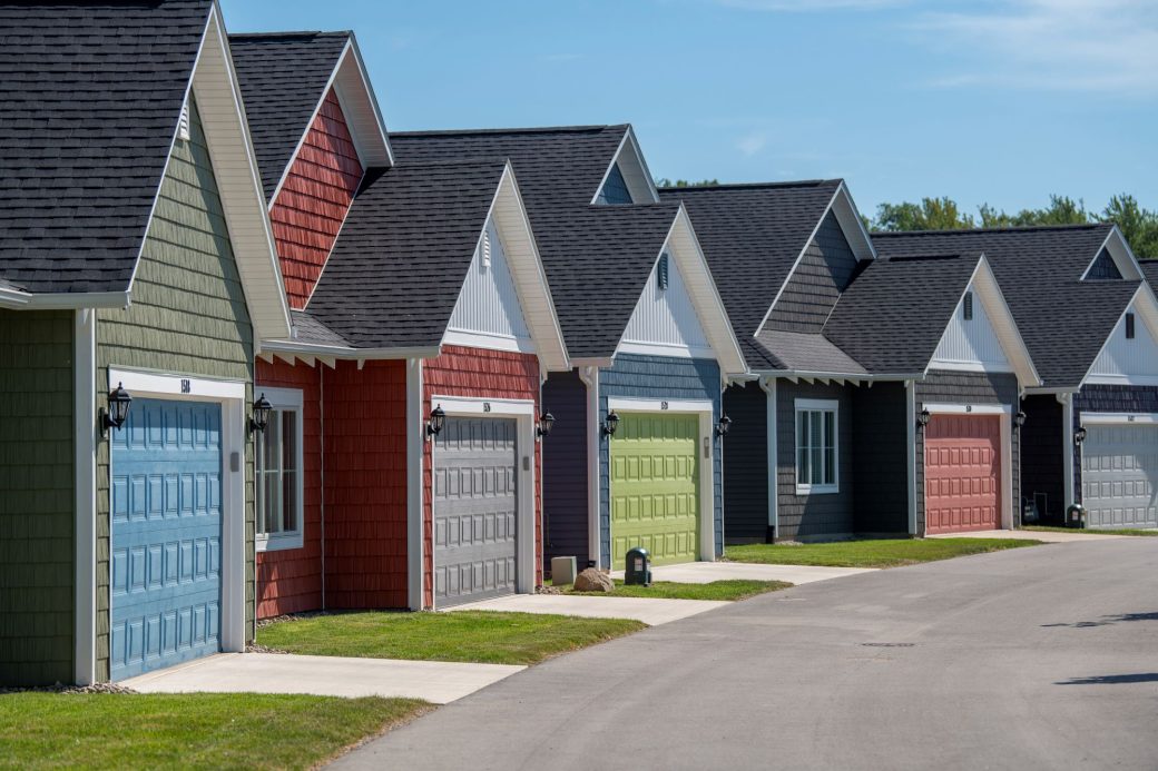 Piper Trail outdoor garages with colorful doors