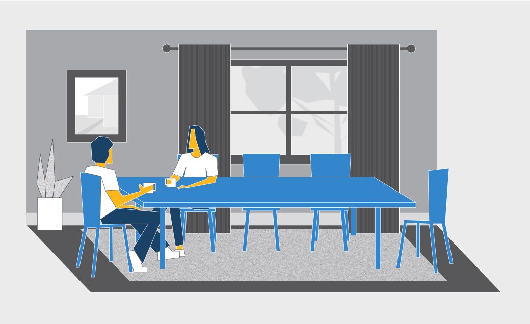 A computer-drawn scene of two people sitting at a blue dining room table with a cups of coffee, conveying relationships and comfort. The table is in front of a window with curtains, with a plant nearby and artwork hanging, depicting a comfortable home-like setting.