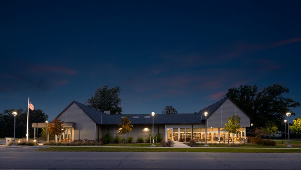 La Porte County Public Library Rolling Prairie Nighttime exterior