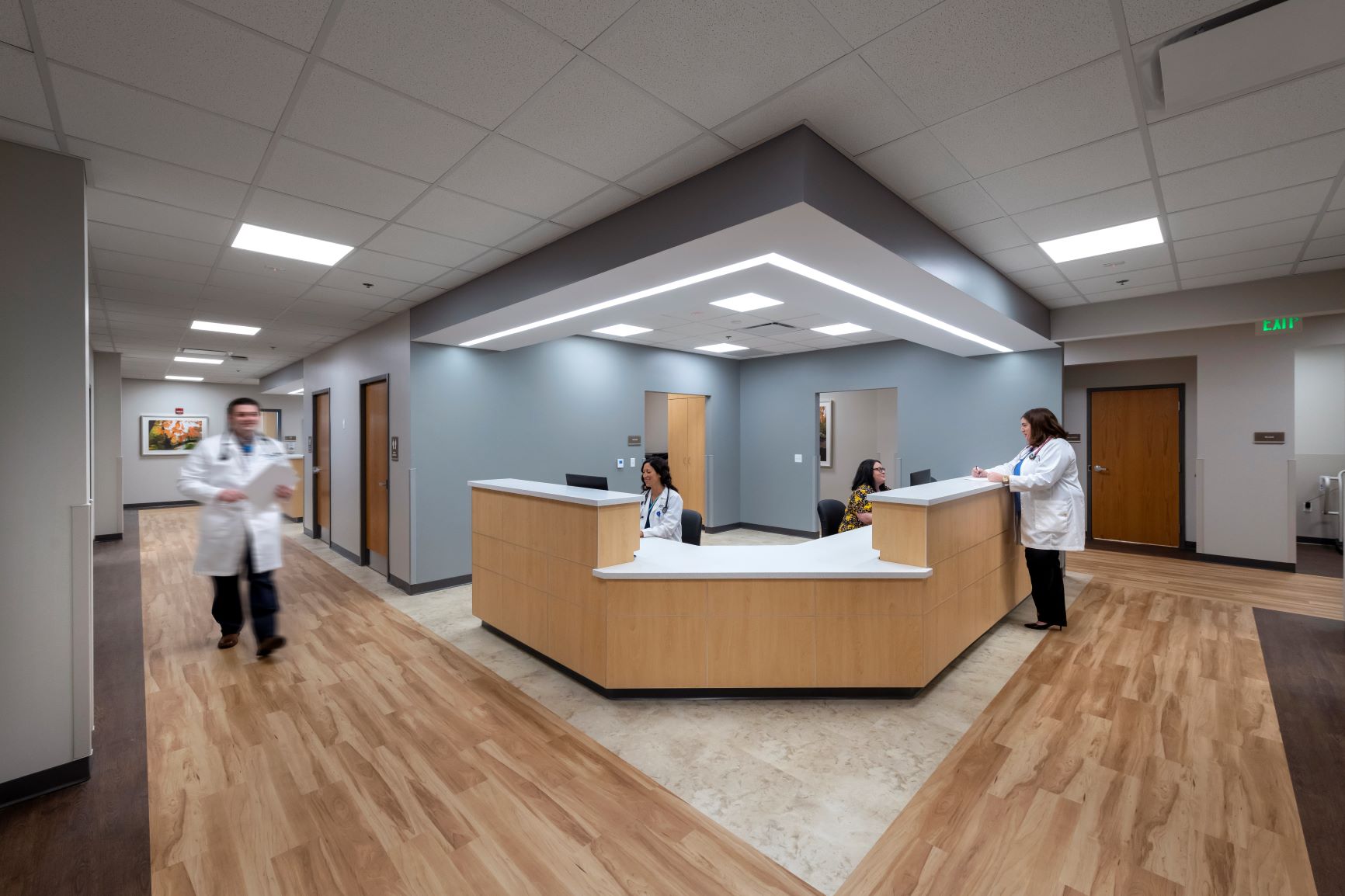 Lutheran Health Physicians Suite 200 Nurse Station with people walking and interacting