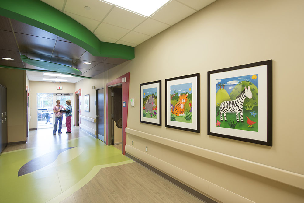 Lutheran Pediatric Emergency Department Hallway with artwork with zoo animals