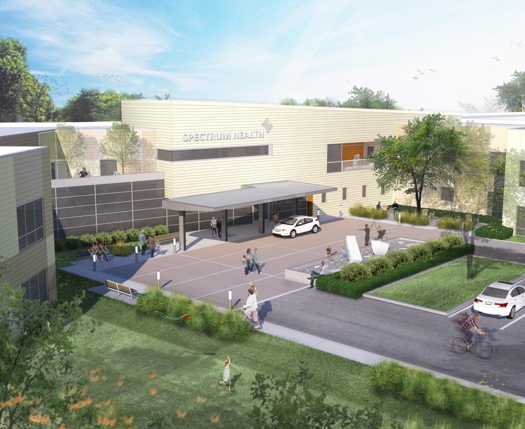 Spectrum Health Entrance Aerial Rendering