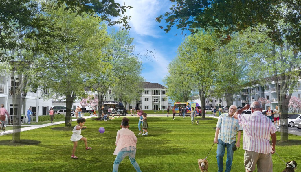 Parks Edge courtyard with people and food trucks rendering