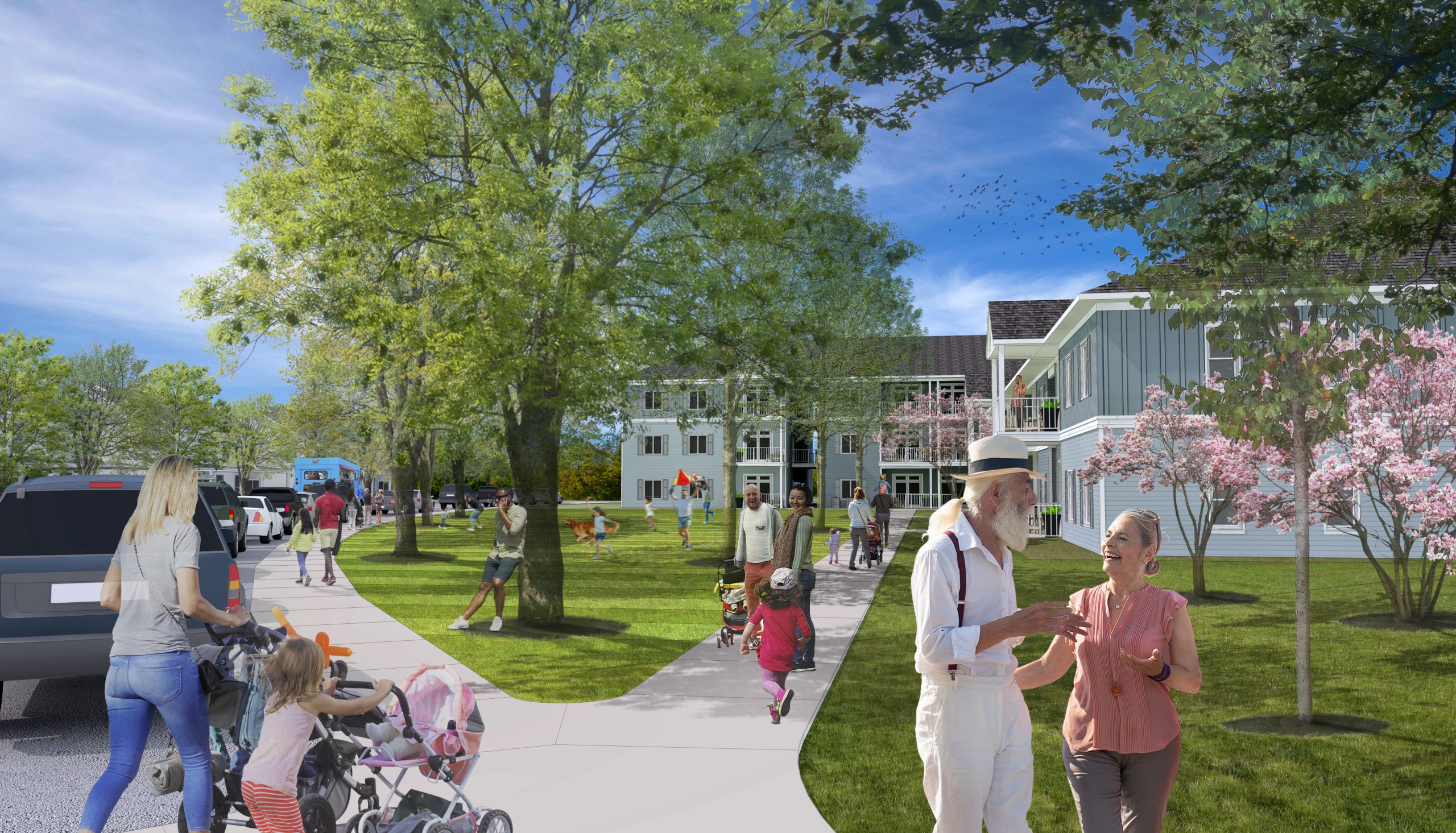 Parks Edge people on sidewalks next to apartments rendering