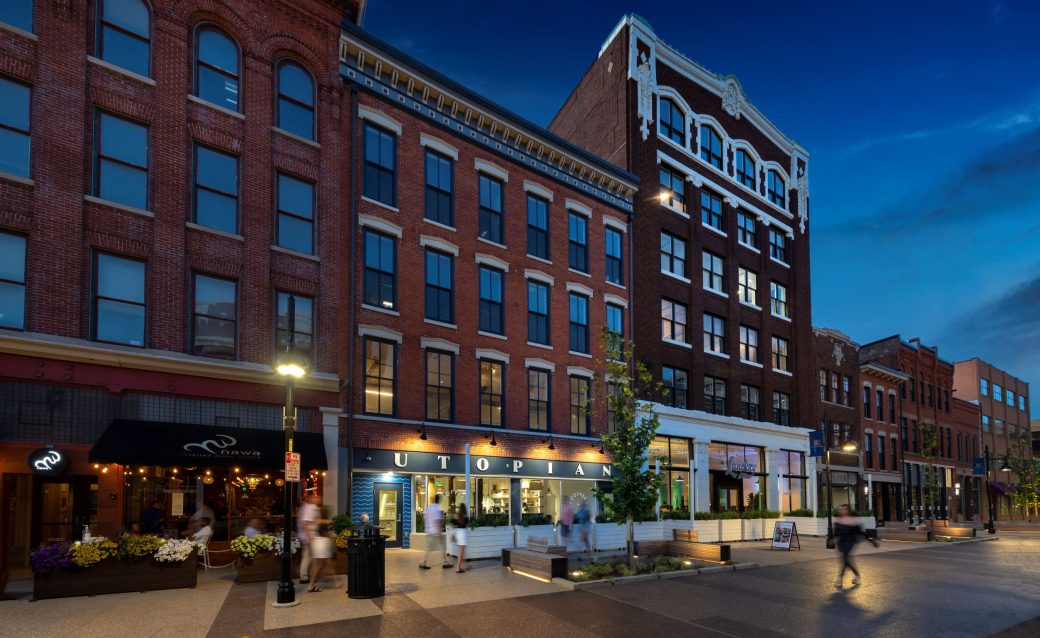 apartments and businesses on a streetscape