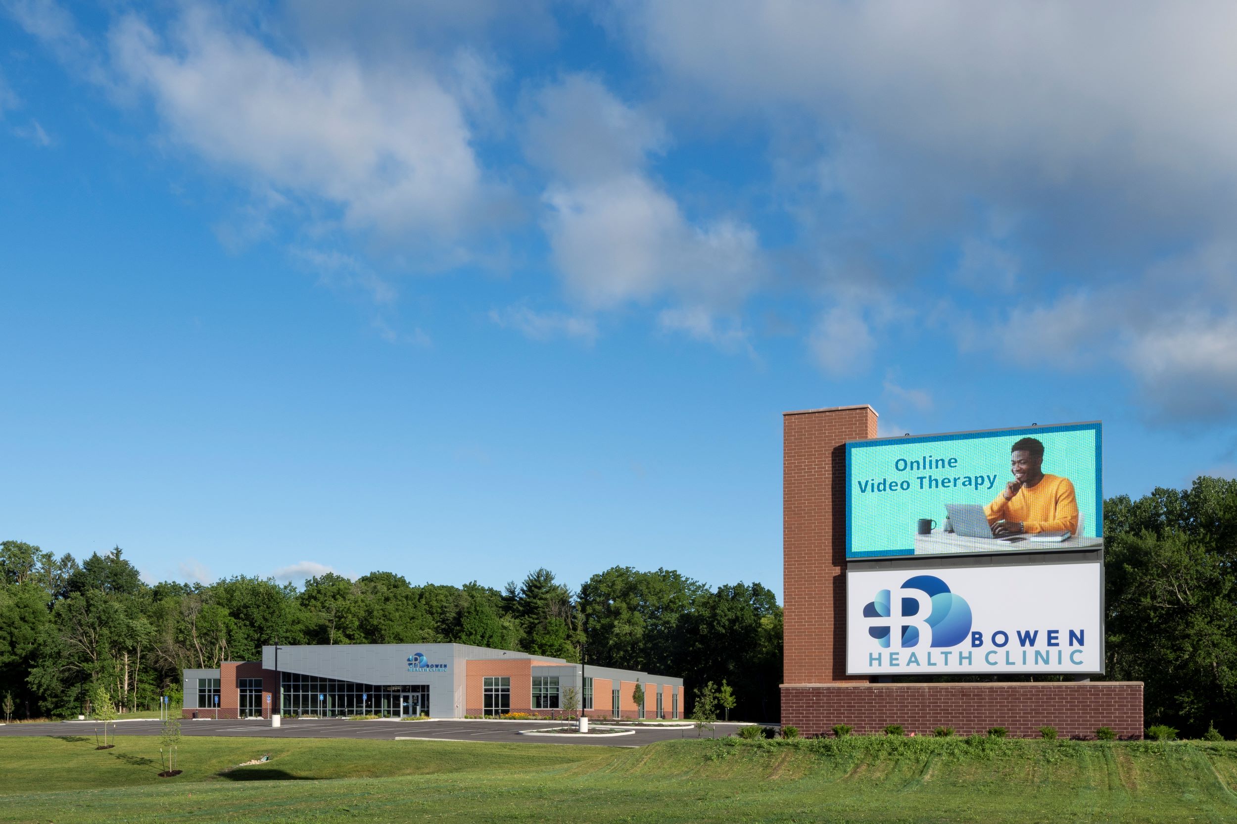 front elevation of health clinic and digital sign
