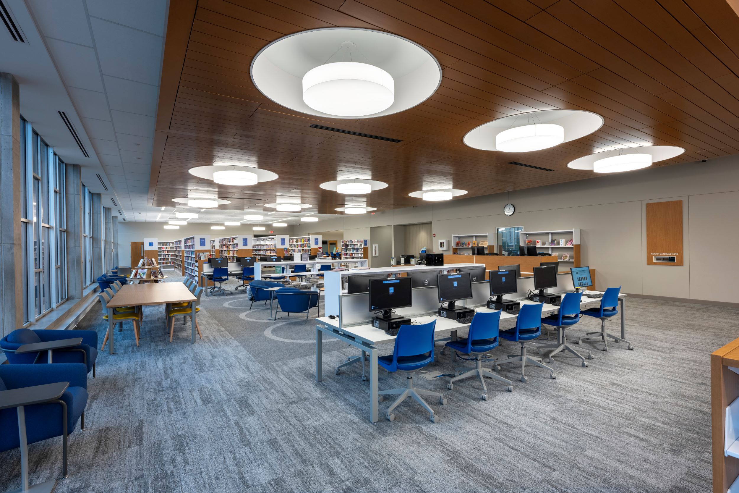 computer stations and library shelving