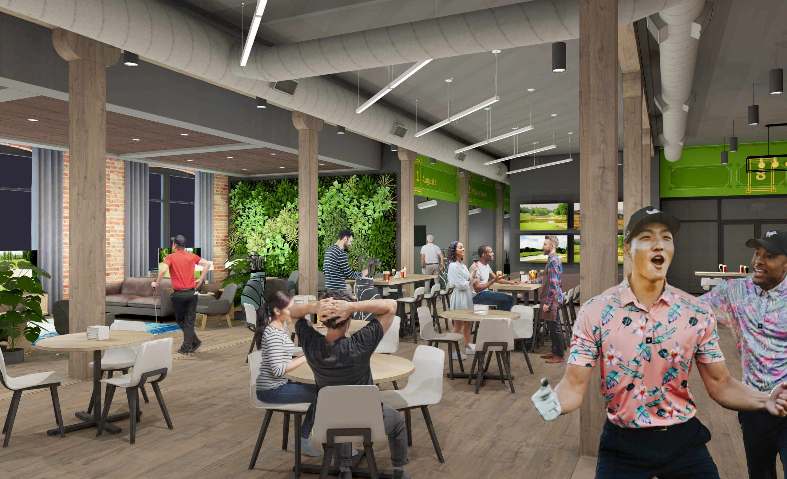 rendering of golf simulation area and lounge