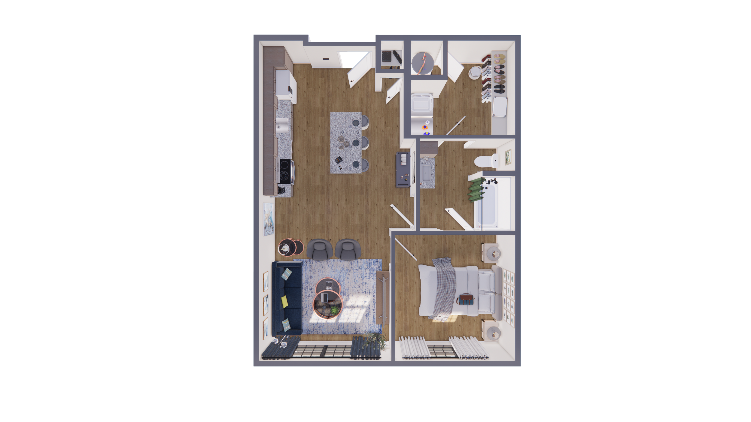 aerial rendering of one bedroom apartment