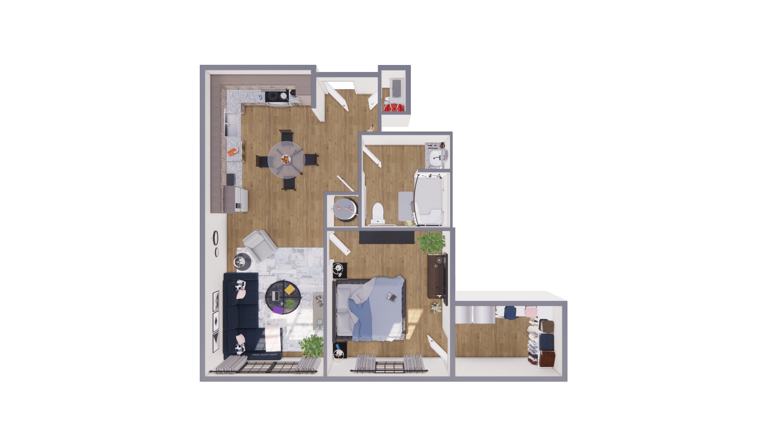 aerial rendering of one bedroom apartment