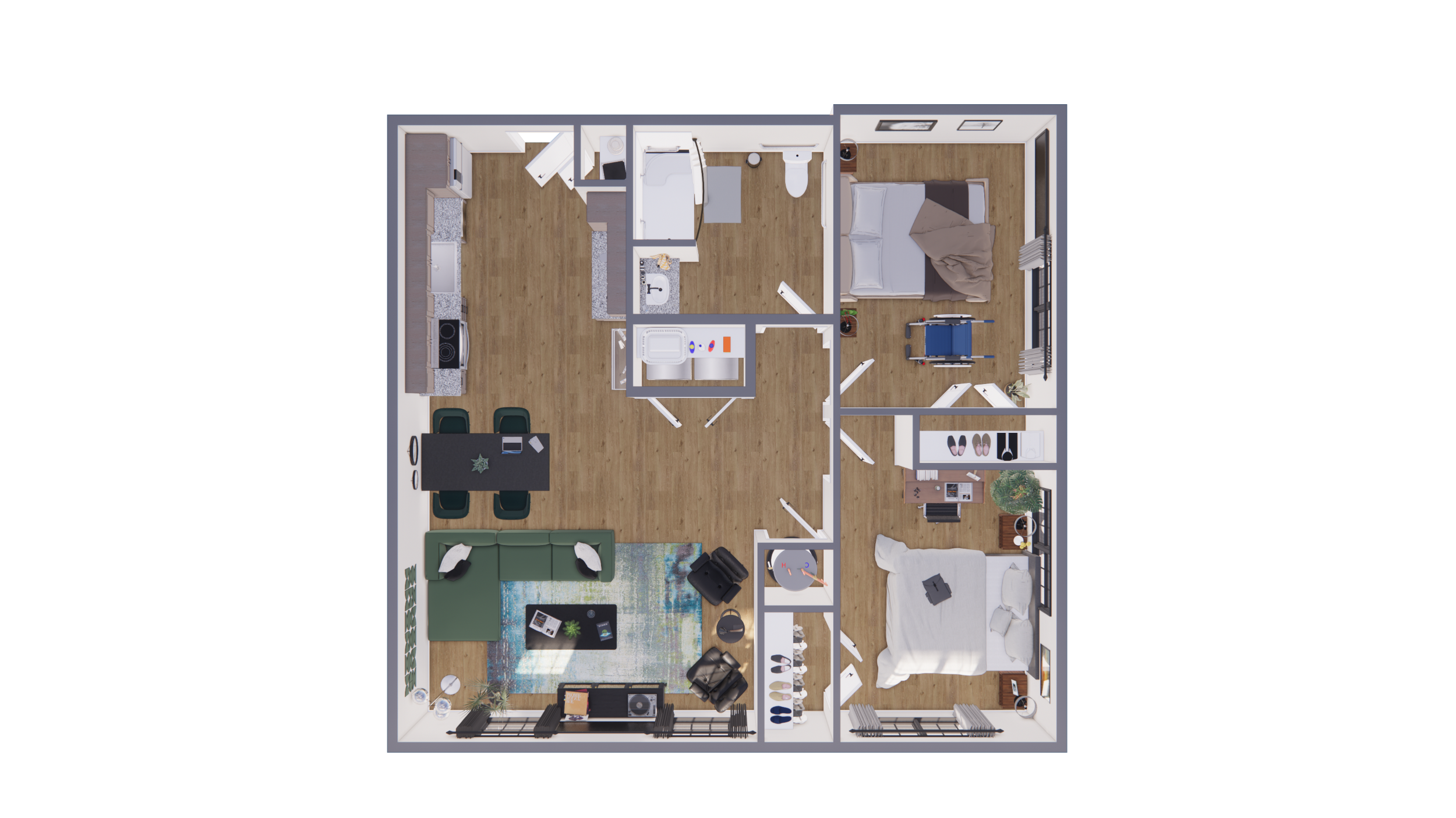 aerial rendering of two bedroom apartment