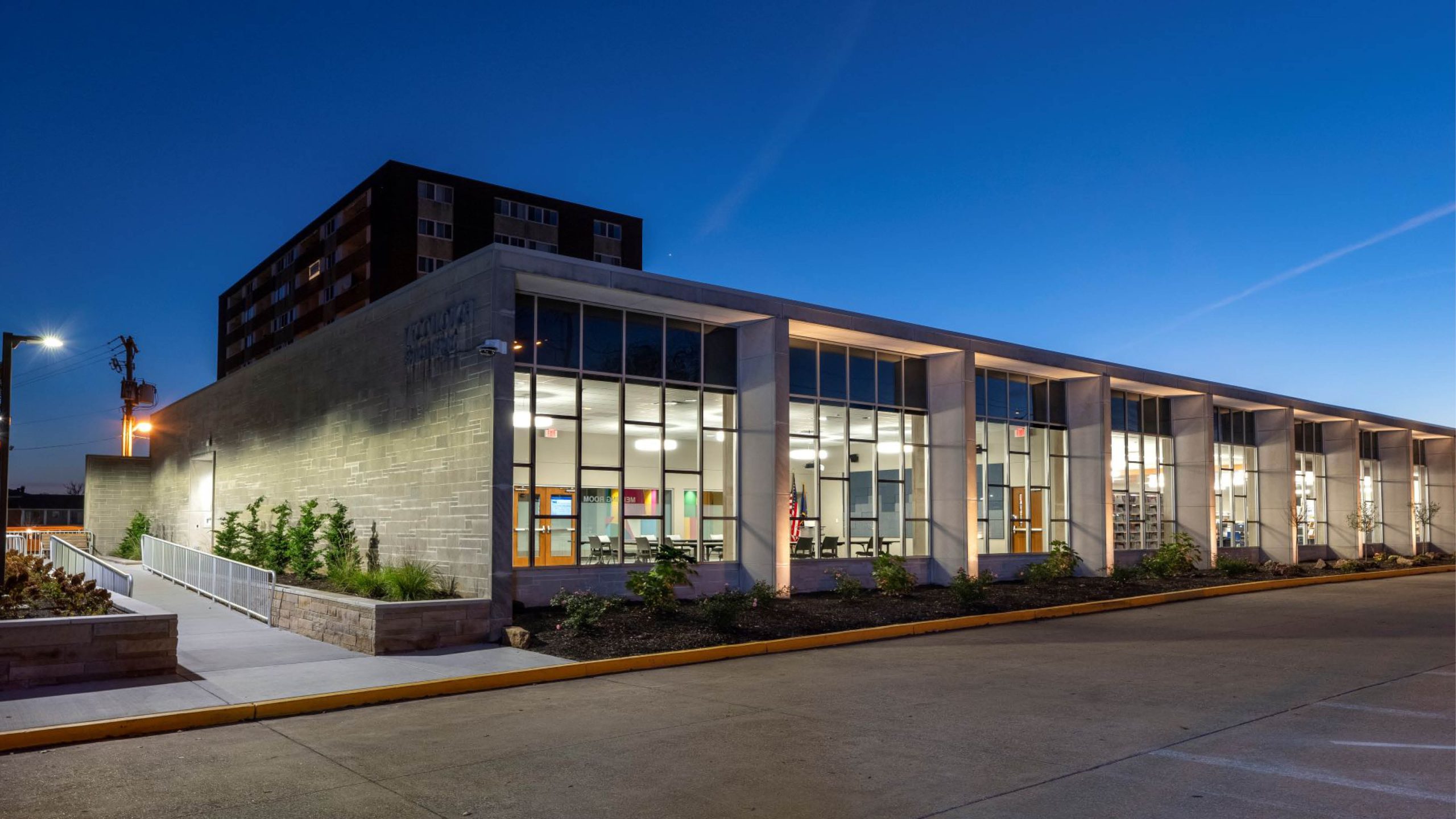 exterior of library at dusk
