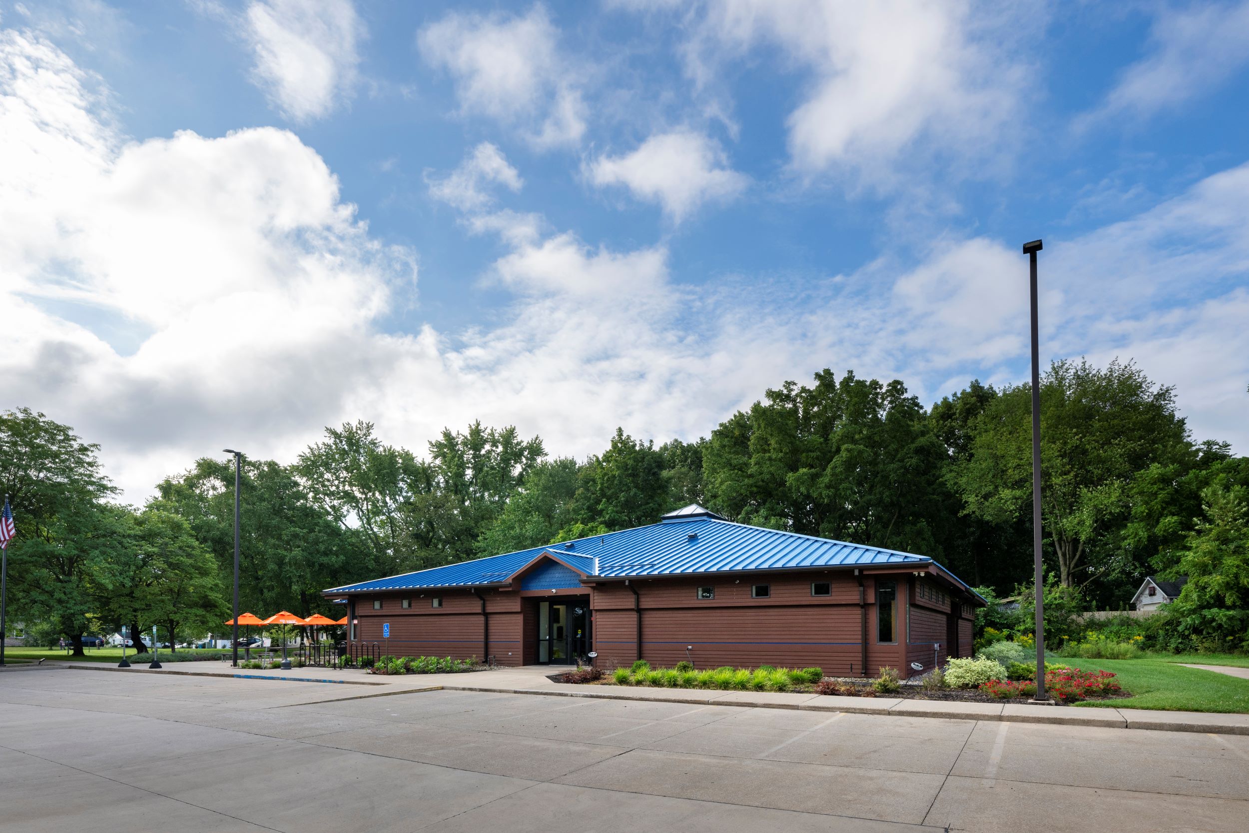 exterior of building with blue roof