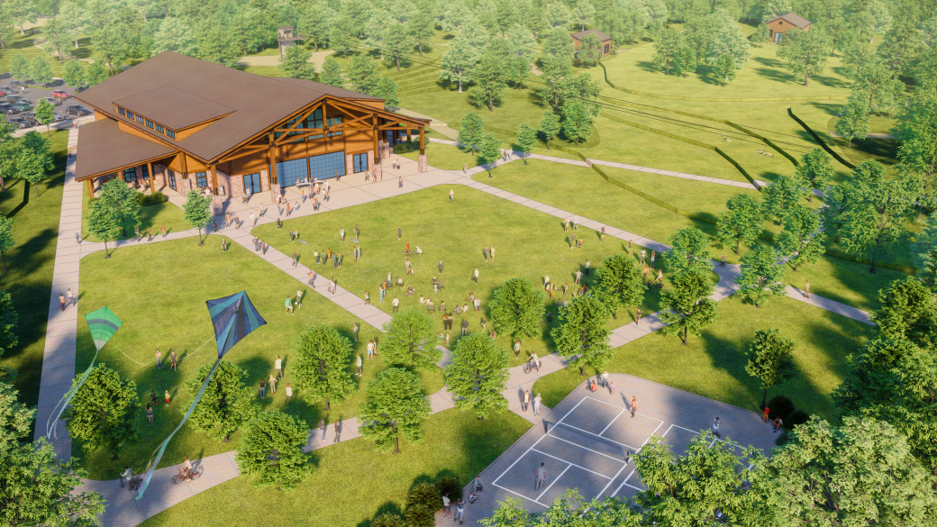 lodge building exterior and tennis courts
