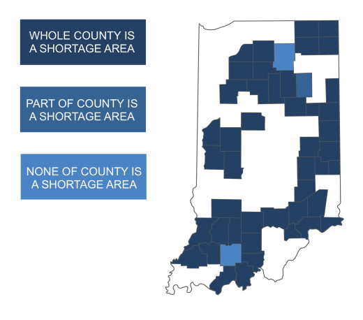 Blue and white graphic of state of Indiana with shading showing where whole county is a shortage area, part of county is a shortage area, or none of the county is a shortage area